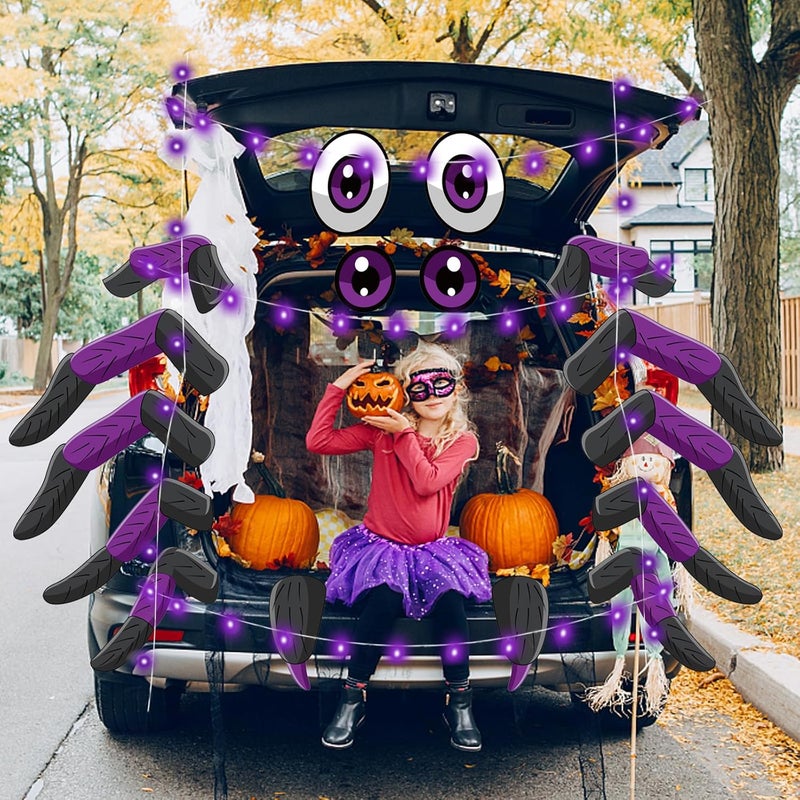 HEORIM Halloween Trunk Or Treat Car Decorations Kit, 19Pcs Spider Design Stickers with Spider Web and LED Lights, Trunk or Treat Decorations for SUV Garage Door Entryway Archway Party Supplies - Image 5